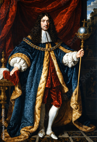 Renaissance-style painting portrait of an old king in noble background, Generative AI	
