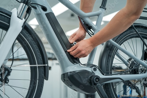 Repairing an e-bike. Urban cyclist maintaining and servicing an electric bicycle with modern tools. photo