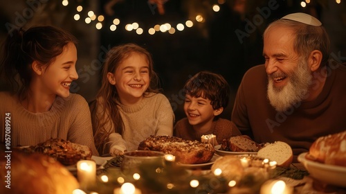 A warm Hanukkah gathering around a table, filled with laughter and traditional food, Hanukkah feast, Joyful family moments photo