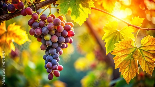 Grapes Hanging from a Tree Branch Amidst Vibrant Green and Yellow Leaves - Nature's Bounty in Fashion Photography