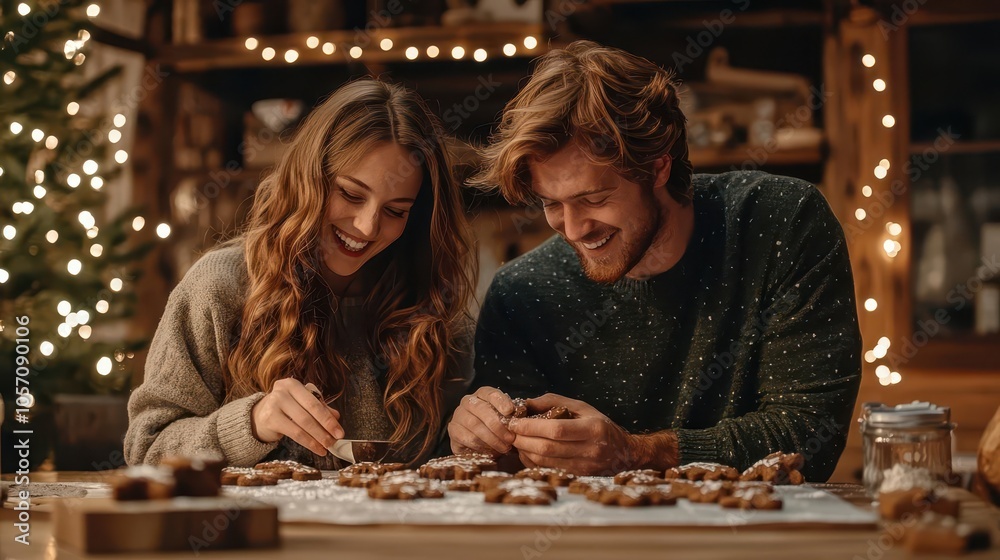 Fototapeta premium A young couple decorating gingerbread cookies, playful interaction, warm cozy kitchen setting