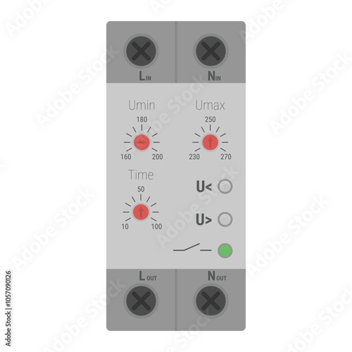 Voltage monitoring modular relay without display. Protection relay for DIN rail mounting. Vector illustration in flat style