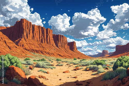 A breathtaking desert landscape showcasing towering red rock formations against a clear blue sky adorned with fluffy white clouds, creating a dramatic and serene atmosphere