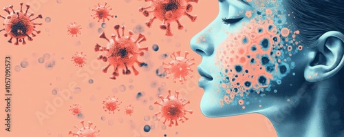 Skin microbiome balance on the human face in flat design, side view, skincare theme, cartoon drawing, Splitcomplementary color scheme