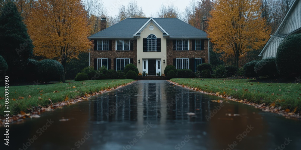 Obraz premium Autumnal House Driveway with Wet Pavement and Fallen Leaves