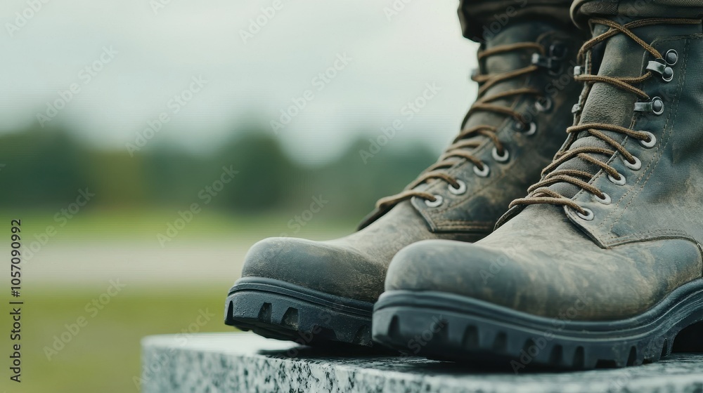 Sturdy outdoor boots resting on a stone surface, showcasing rugged design and durability against a natural backdrop. Sturdy outdoor boots resting on a stone surface, showcasing rugged design and durability against a natural backdrop.