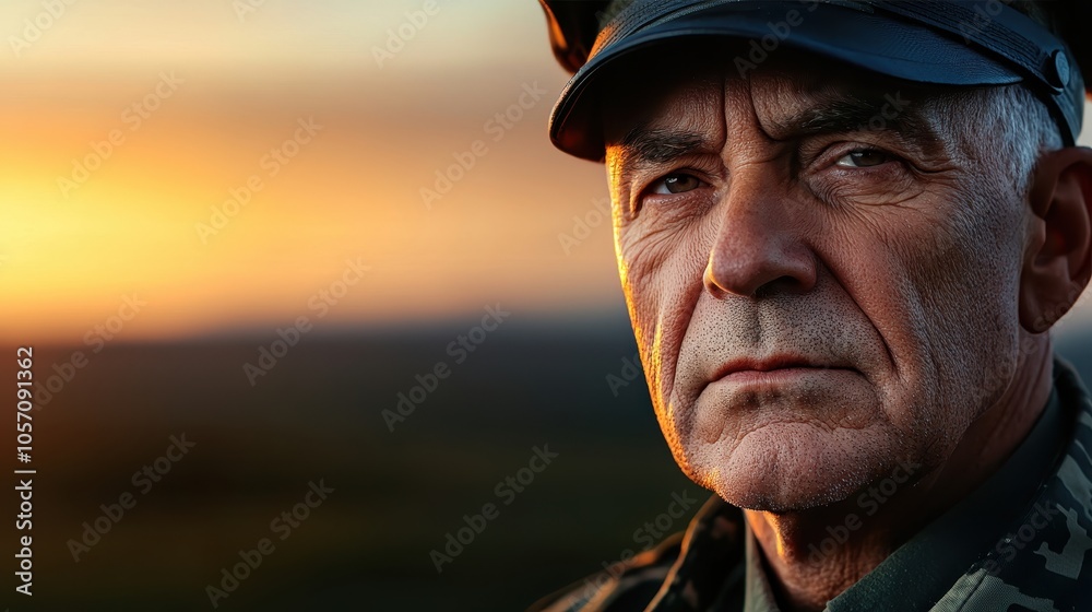 A serious-looking man in uniform gazes intently, set against a dramatic sunset backdrop, conveying strength and resilience. A serious-looking man in uniform gazes intently, set against a dramatic sunset backdrop, conveying strength and resilience.
