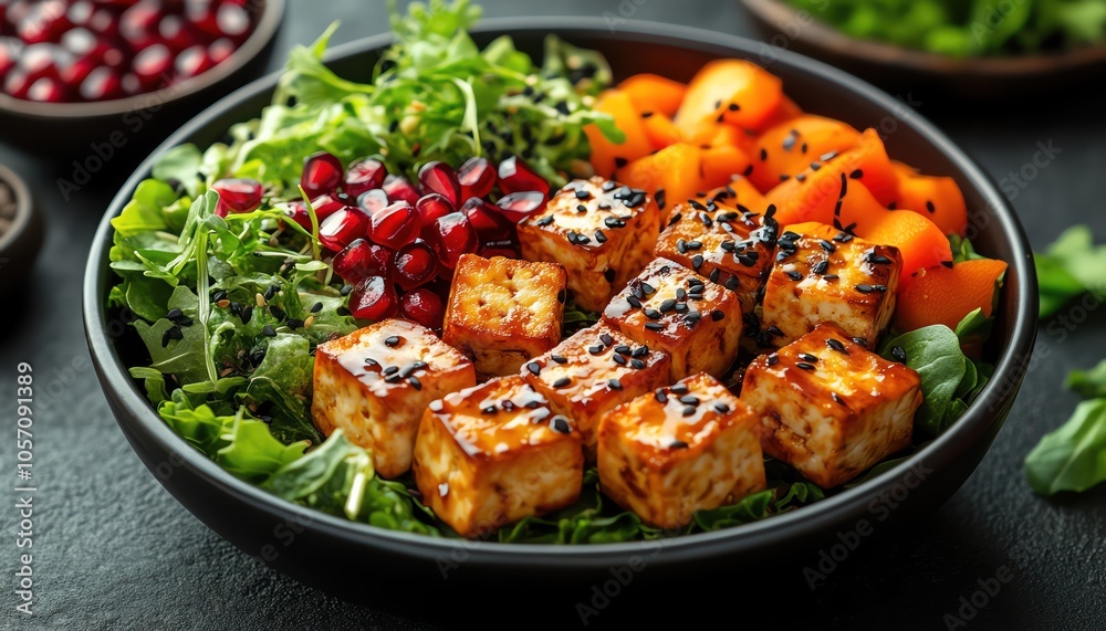 A vibrant bowl of fresh salad with a mix of vegetables, tofu, and pomegranate seeds A vibrant bowl of fresh salad with a mix of vegetables, tofu, and pomegranate seeds