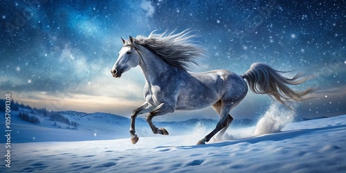 Grey Horse Running Through Snowy Field - Majestic Winter Equine Photography