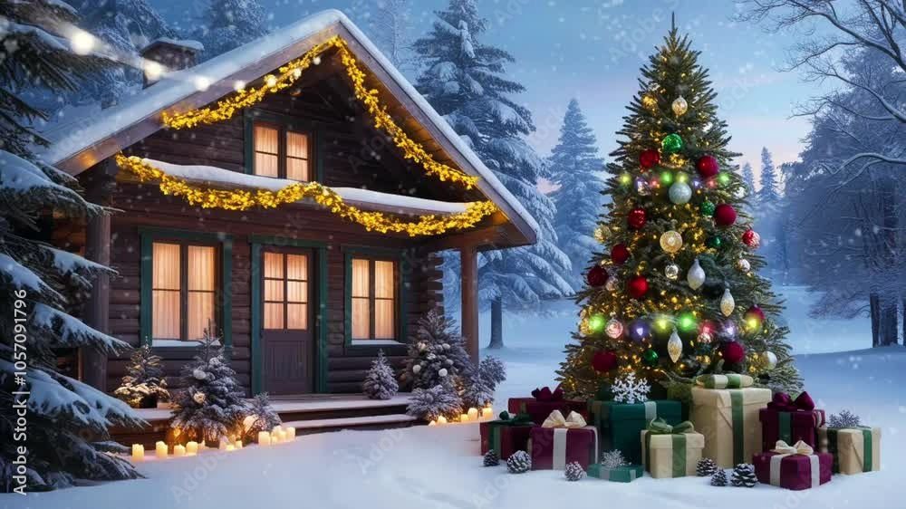 A cozy log cabin adorned with festive lights and decorations during a snowy Christmas evening in a tranquil winter landscape, seamless looping 4k video animation A cozy log cabin adorned with festive lights and decorations during a snowy Christmas evening in a tranquil winter landscape, seamless looping 4k video animation