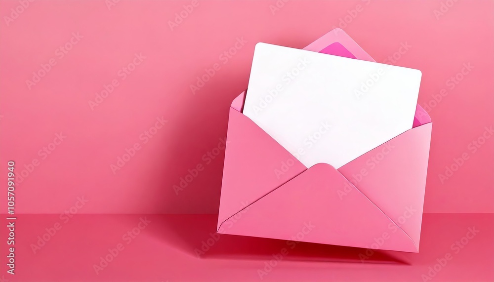 A pink envelope partially open with a blank card inside, resting on a matching pink surface, creating a soft and minimalist aesthetic. A pink envelope partially open with a blank card inside, resting on a matching pink surface, creating a soft and minimalist aesthetic.