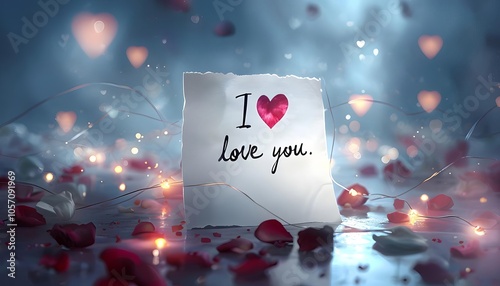 Romantic love letter with rose petals and lights, perfect for Valentine’s Day photo