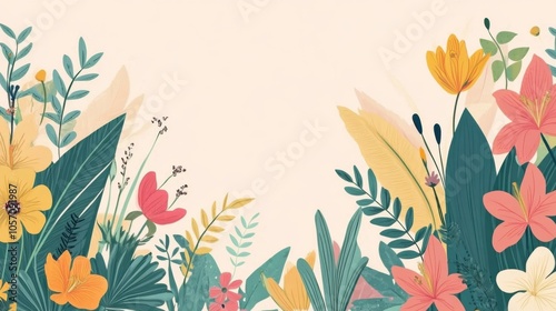 Exotic plants vector, showing colorful tropical flowers and leaves, surrounded by small wildlife