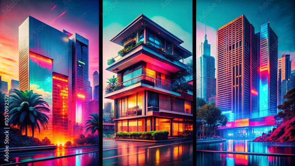 Obraz premium Grunge Texture Poster Collection with Glitch Distortion and Halftone Dots for Architectural Photography