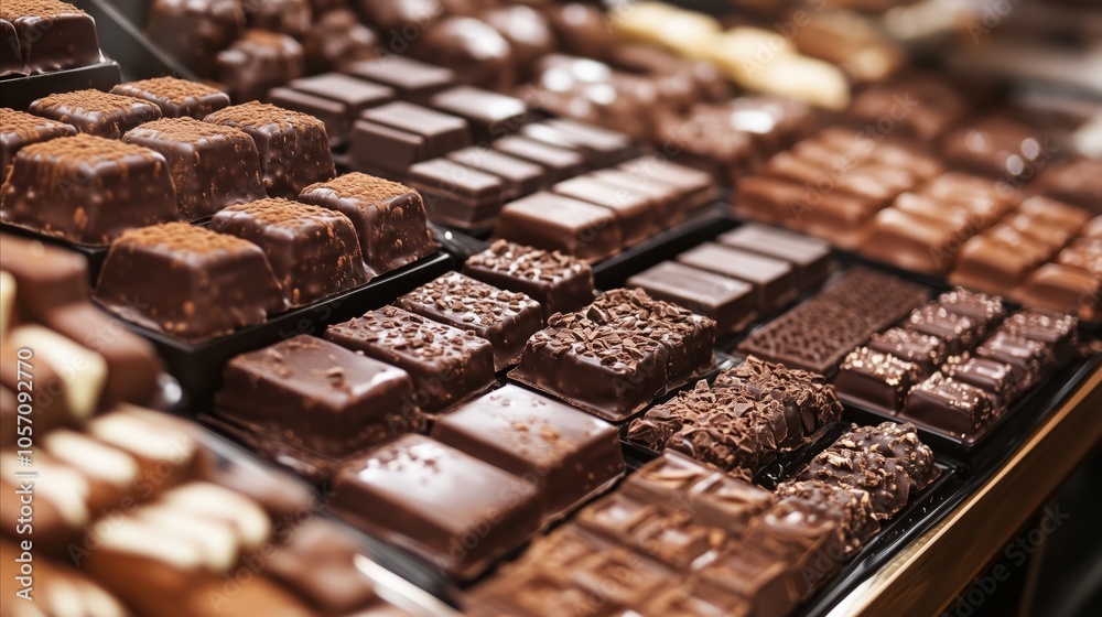 Display of assorted chocolates with a variety of flavors and textures Display of assorted chocolates with a variety of flavors and textures