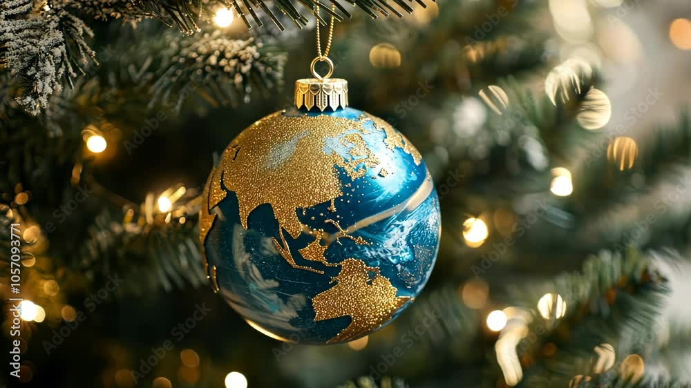Blue and gold earth christmas ornament hanging Blue and gold earth christmas ornament hanging