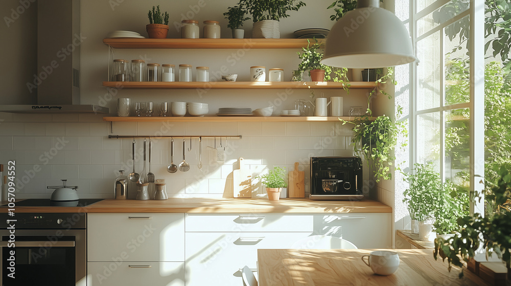 Sunlit Kitchen With Open Shelving And Green Plants In White Decor Sunlit Kitchen With Open Shelving And Green Plants In White Decor