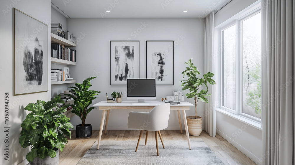 Fototapeta premium Elegant Office Space With Large Window And Plant Decor