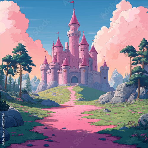 A whimsical pink castle perched on a hill, surrounded by fluffy clouds and lush greenery. The vibrant path leads to the castle, creating a dreamy, storybook atmosphere filled with adventure