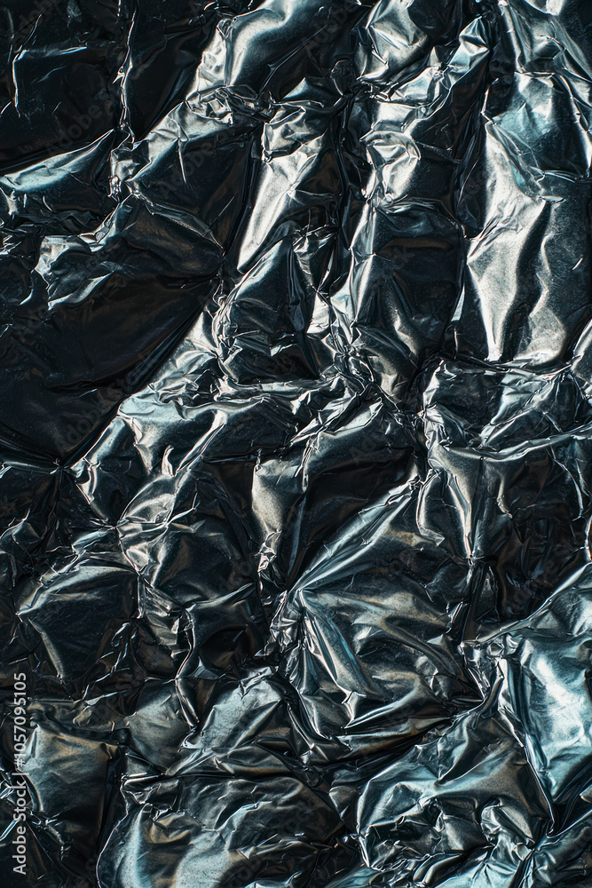 Vertical A close-up of a wrinkled plastic and foil texture, featuring crumpled patterns and a mix of silver and black hues. Vertical A close-up of a wrinkled plastic and foil texture, featuring crumpled patterns and a mix of silver and black hues.