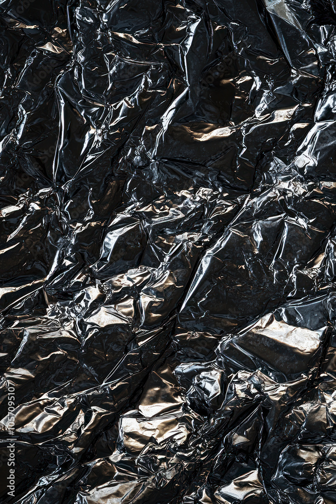 Vertical A close-up of a wrinkled plastic and foil texture, featuring crumpled patterns and a mix of silver and black hues. Vertical A close-up of a wrinkled plastic and foil texture, featuring crumpled patterns and a mix of silver and black hues.