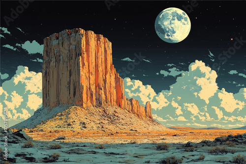 A stunning desert landscape featuring a prominent rock formation illuminated by the moonlight. The night sky is filled with soft clouds, creating a serene and captivating atmosphere