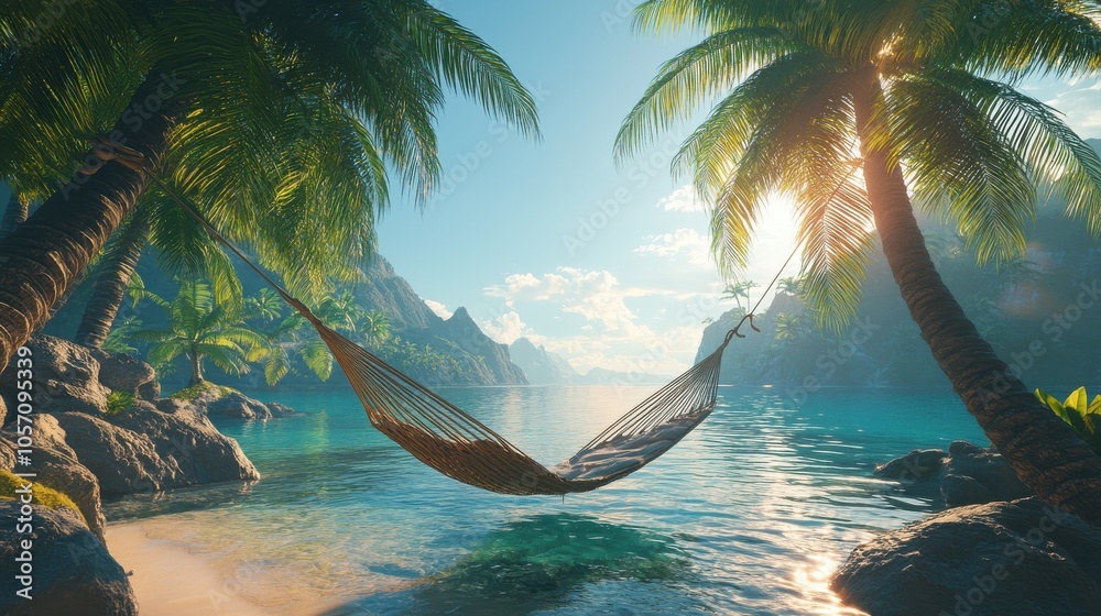 Fototapeta premium Cozy hammock strung between two palm trees on an island, inviting viewers to imagine relaxation and escape from everyday life.