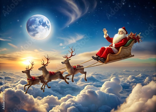 Santa Claus and reindeer sleigh flying