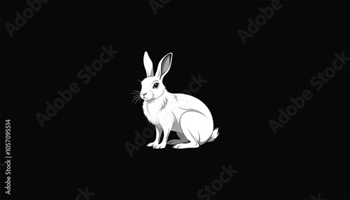 Snowshoe Hare, Winter Coat, Black Background, White Outline,