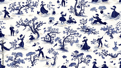 Classic Toile Design with Characters and Nature Elements