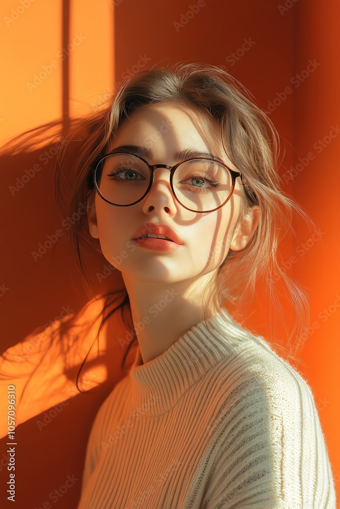 Fototapeta premium Elegant woman in glasses with soft light casting shadows on an orange wall, minimalist style