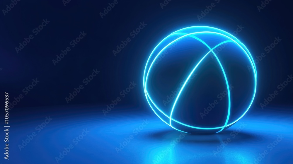3D rendering of an innovative basketball featuring luminous blue neon edges against a deep blue backdrop illuminating the surface beneath with ample negative space 3D rendering of an innovative basketball featuring luminous blue neon edges against a deep blue backdrop illuminating the surface beneath with ample negative space