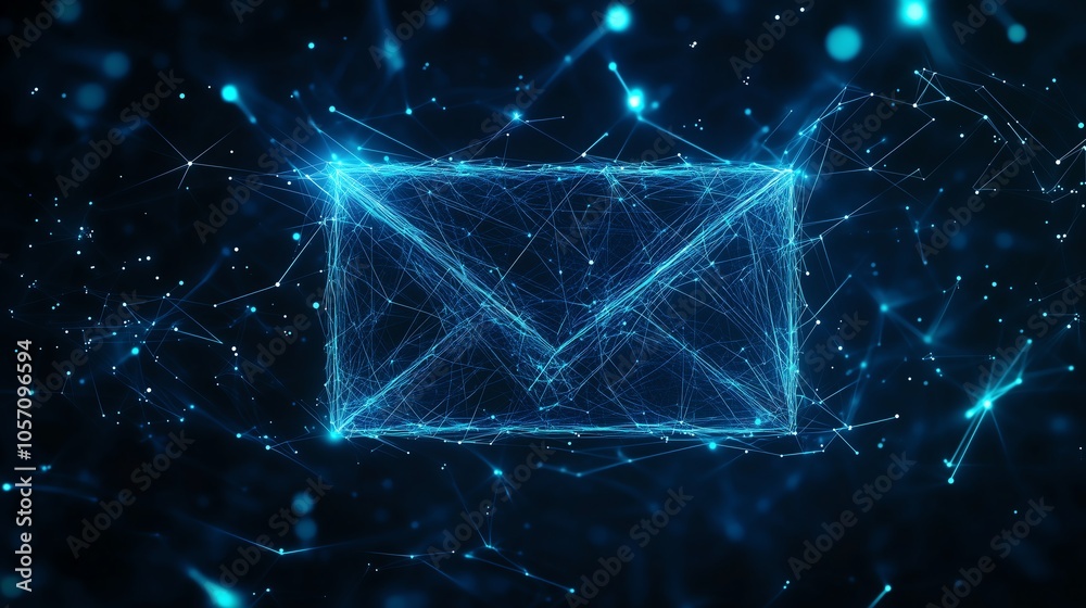 Abstract Email Icon in Low Poly Wireframe, Set on Dark Blue Background with Glowing Particles, Evoking a Modern Digital Communication Theme. Abstract Email Icon in Low Poly Wireframe, Set on Dark Blue Background with Glowing Particles, Evoking a Modern Digital Communication Theme.