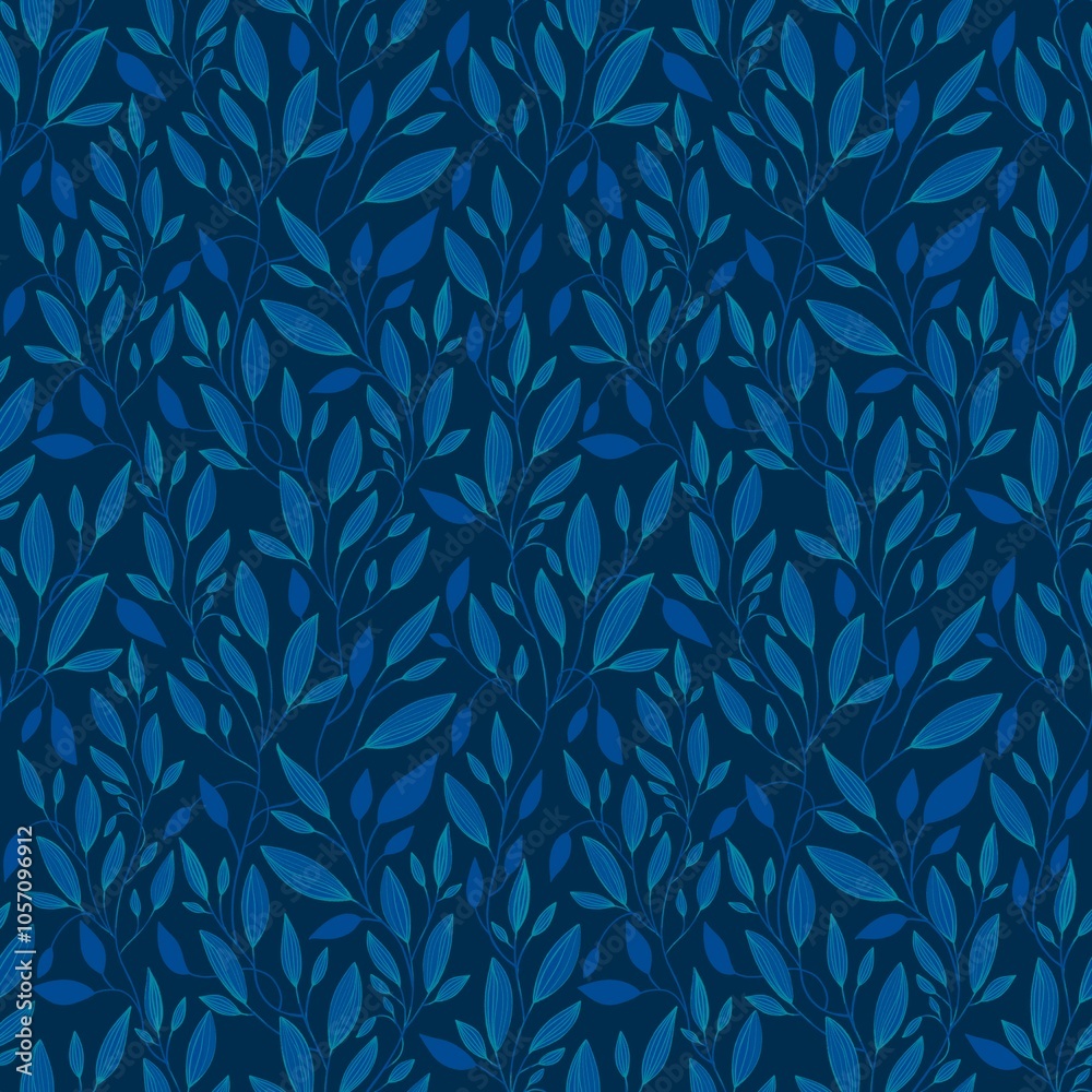 Blue Seamless Floral Pattern with Branches and Leaves on a Dark Background. Blue Seamless Floral Pattern with Branches and Leaves on a Dark Background.