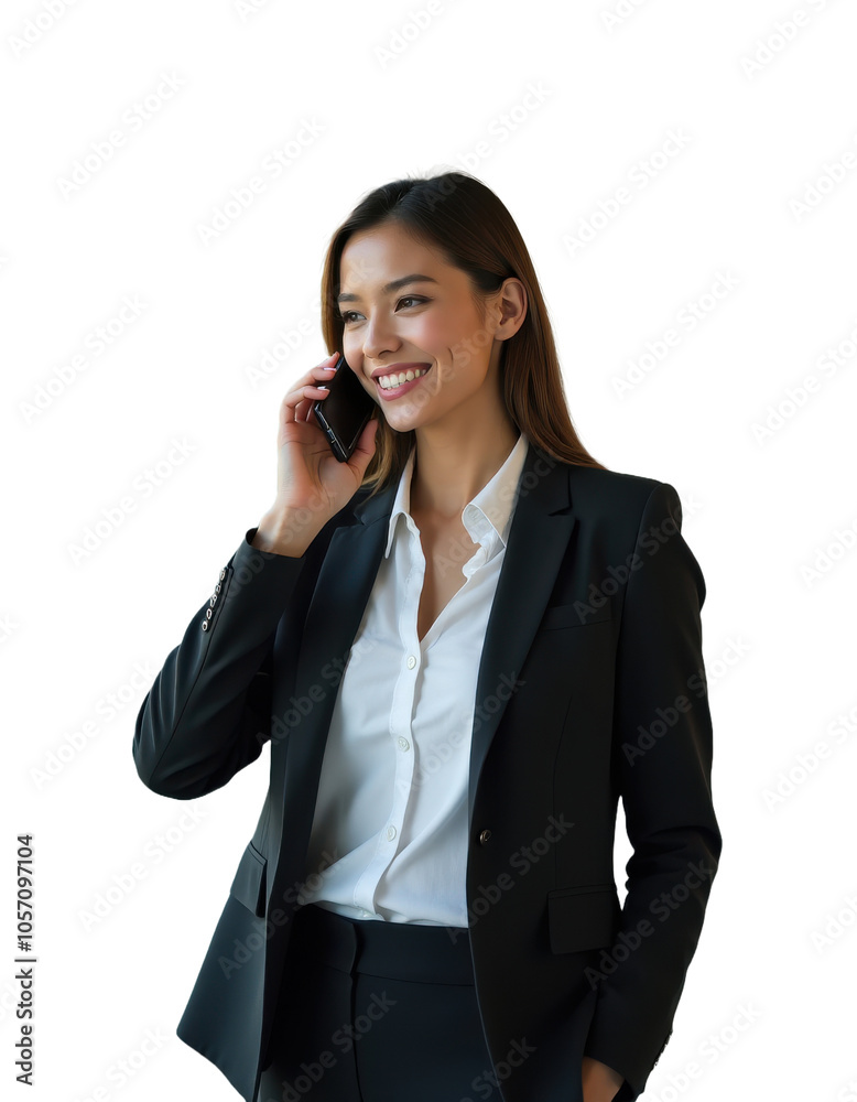 Portrait of a confident business woman in a business suit talking on a cell phone, isolated on transparent background Portrait of a confident business woman in a business suit talking on a cell phone, isolated on transparent background