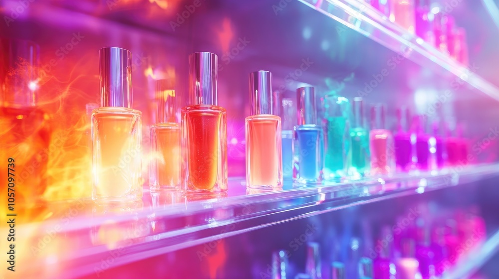A diverse selection of nail polishes is elegantly displayed on glass shelves in a cosmetics shop offering customers an extensive array of colors and choices Copy space A diverse selection of nail polishes is elegantly displayed on glass shelves in a cosmetics shop offering customers an extensive array of colors and choices Copy space