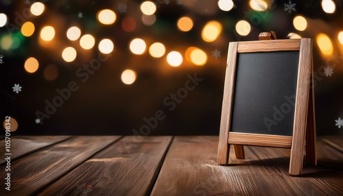 Eine holzgerahmte Kreidetafel steht auf einem Holztisch, verschwommene Lichter im Hintergrund. photo