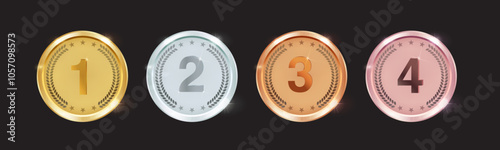 Gold, Silver, Bronze and Rose Gold Medal Set. Champion Trophy Awards with Laurel and Numbers. Vector Illustrations for First to Fourth Place Sports Competitions.