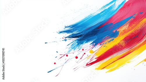 Acrylic paint background banner featuring abstract strokes and splashes in blue red and yellow isolated on a white texture