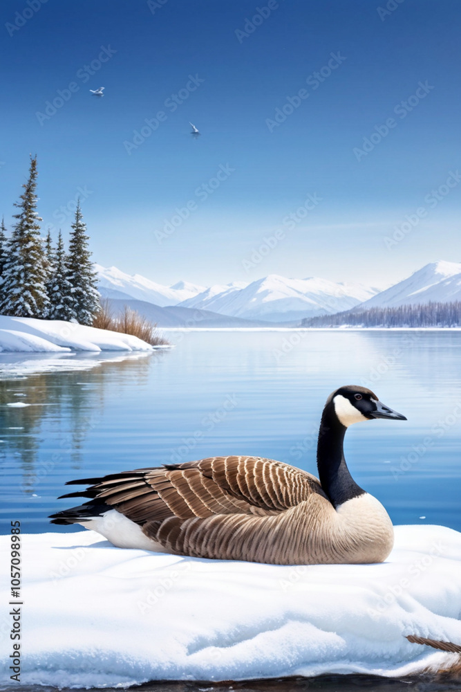 Fototapeta premium Canadian Goose Resting by the Winter Lake