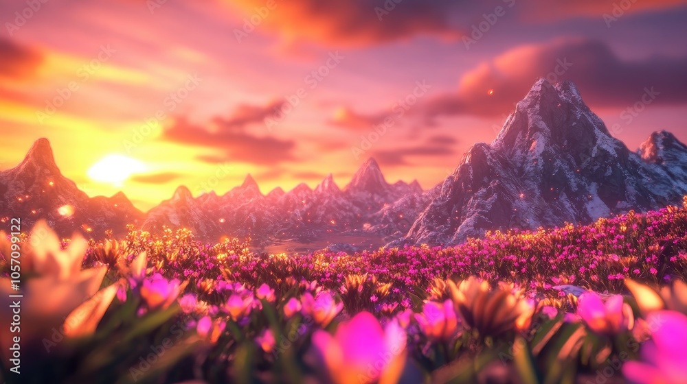 A peaceful sunset landscape featuring colorful flowers and impressive mountains in a calm environment