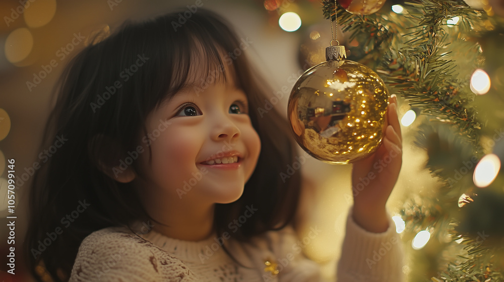 Naklejka premium Young Girl Hanging Ornament on Christmas Tree with Joyful Smile