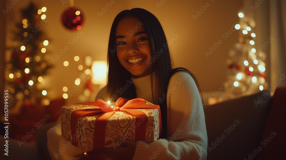 Happy Woman Receiving Patterned Gift with Red and Gold Ribbons Happy Woman Receiving Patterned Gift with Red and Gold Ribbons