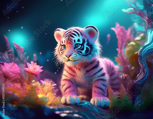 Animal tiger character for children. Fantasy cute animal. flora and fauna glow.  photo