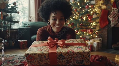 Happy Woman Receiving Patterned Gift with Red and Gold Ribbons photo