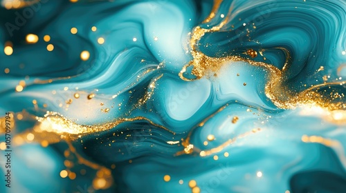 Abstract fluid art featuring waves in mint turquoise hues with liquid gold accents creating a stunning marble like background or texture photo