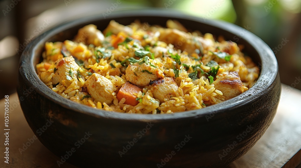 chicken biryani served in a traditional bowl, rich in spicy Malabar cuisine flavors, creating a savory meal with aromatic rice and rustic charm chicken biryani served in a traditional bowl, rich in spicy Malabar cuisine flavors, creating a savory meal with aromatic rice and rustic charm