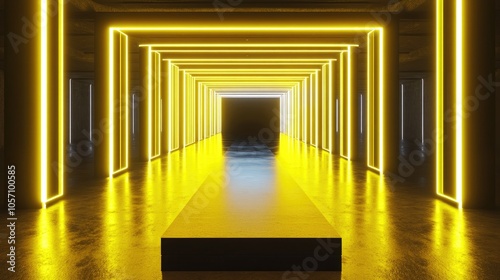 3D render of an abstract corridor featuring neon yellow lights resembling a virtual reality space with a fashion podium and an empty club interior reflected on the floor