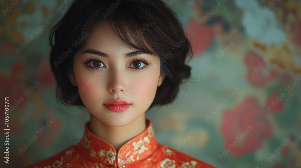 A portrait of a woman in traditional attire against a floral backdrop.