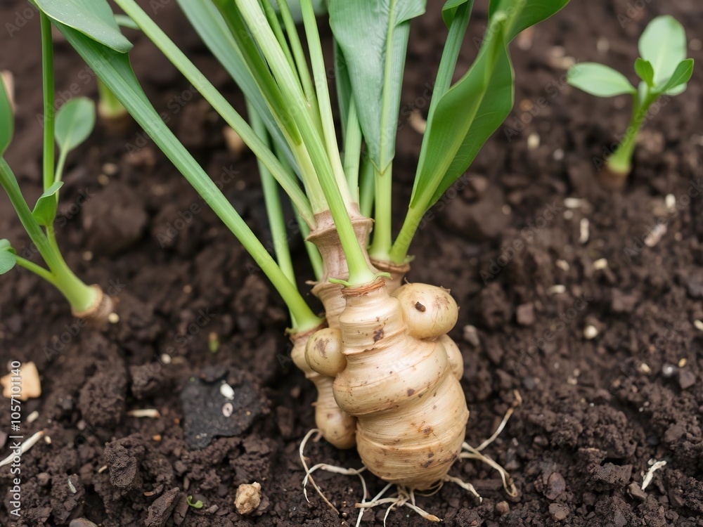 Fresh green ginger root sprout emerging from dark soil, ginger, soil Fresh green ginger root sprout emerging from dark soil, ginger, soil